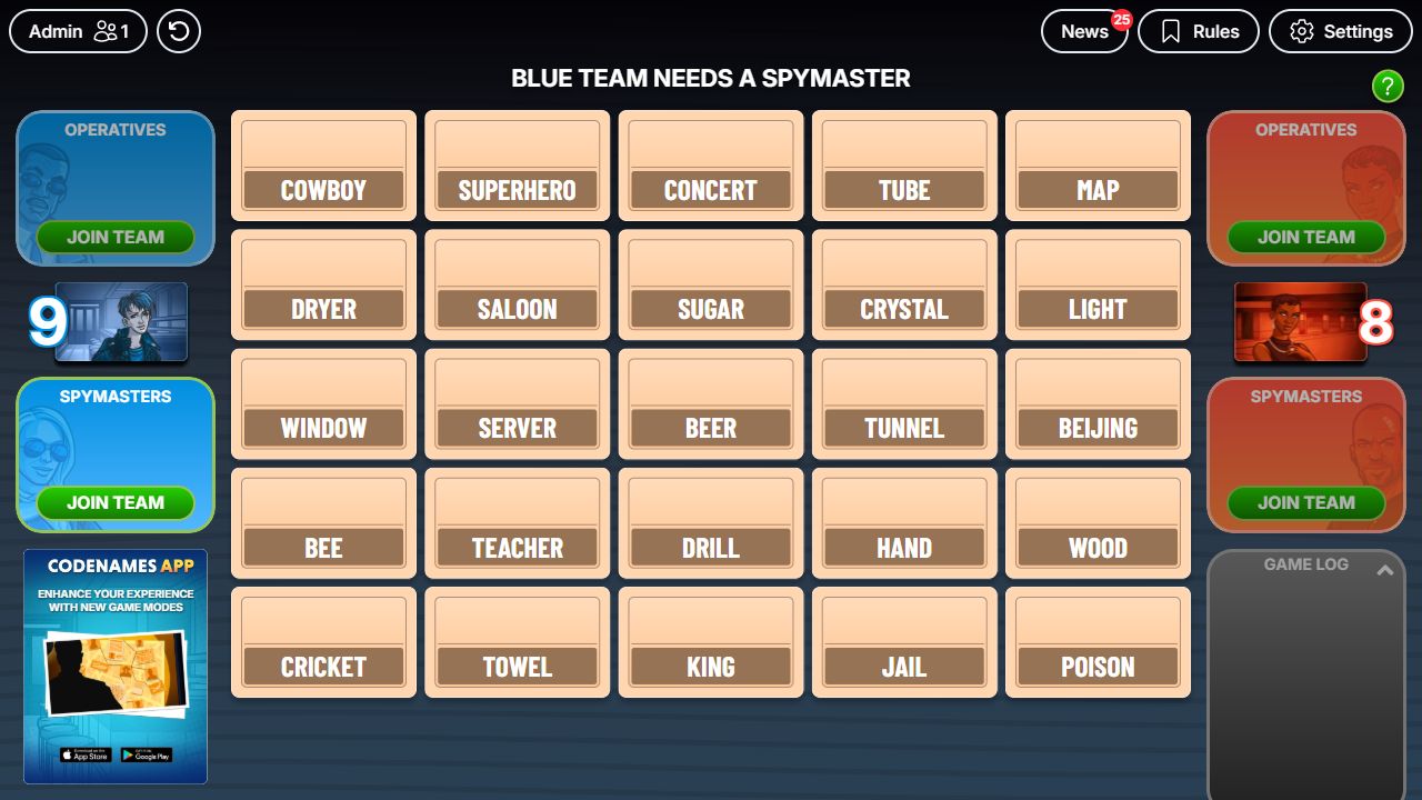 A Codenames Online word grid with blue and red teams and spaces for operatives and spymasters.