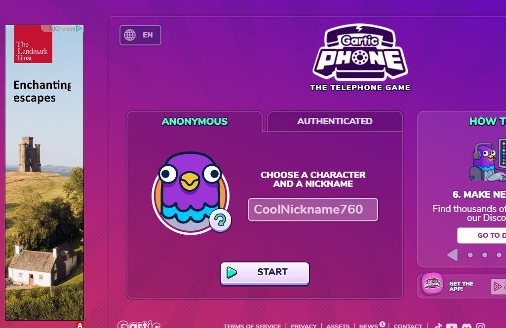 Gartic Phone’s colourful start screen, with a character, nickname box and illustrated how-to-play instructions.