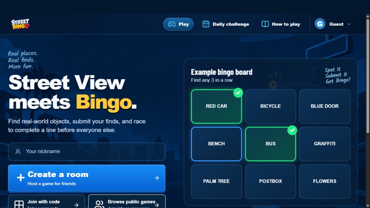 Street Bingo’s homepage with an example bingo board showing objects to find in Street View.